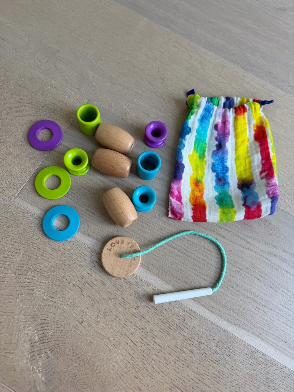 Wooden Threading Beads Set with Rainbow Drawstring Bag
